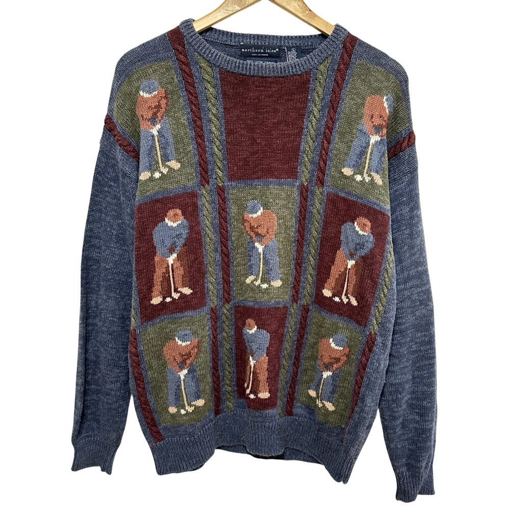 Vintage‎ Northern Isles Golf Sweater Mens Large Intarsia Knit Ramie Cotton *Flaw